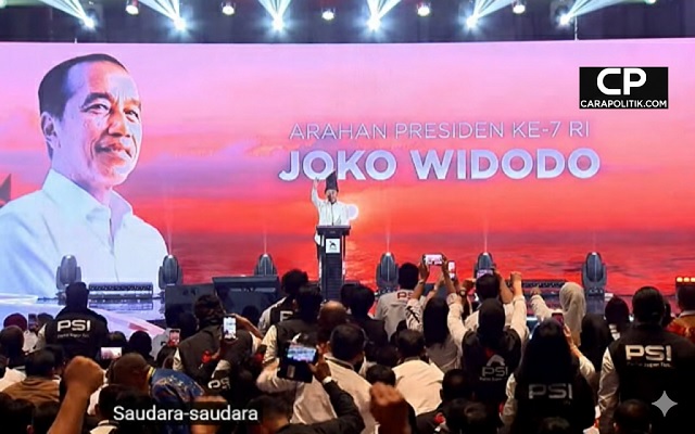 Di Rakernas PSI di Makassar, kemarin, Jokowi Deklarasi “Mati-Matian” untuk PSI, Patron Politik Resmi Menuju 2029. (Gambar: psi/gemini/carpol)